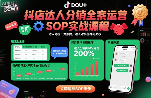 抖店达人分销全案运营SOP实战课程，为你揭开达人对接的神秘面纱