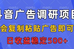 抖音广告调研项目，会复制粘贴广告即可，任务没有上限，日收益稳定5张【揭秘】