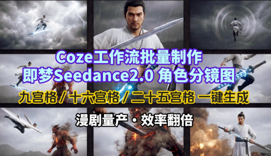 Coze工作流批量制作即梦Seedance2.0角色分镜图,九宫格-十六宫格-二十五宫格一键生成,漫剧量产,效率翻倍插图 Coze工作流批量制作即梦Seedance2.0角色分镜图,九宫格-十六宫格-二十五宫格一键生成,漫剧量产,效率翻倍